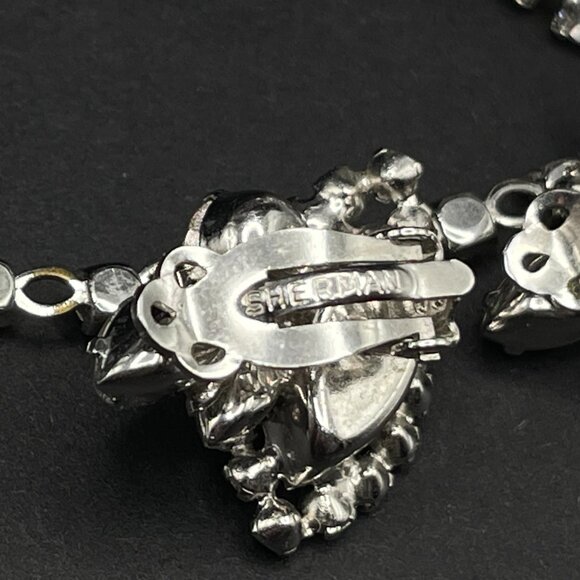 Vintage Signed Sherman Necklace Earring Set Clear Rhinestone Clip on Swarovski - Picture 5 of 11